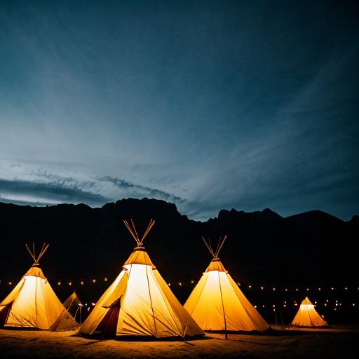 Prompt: witches on broomsticks flying to desert camp, teepees, high quality, magical realism, warm tones, atmospheric lighting