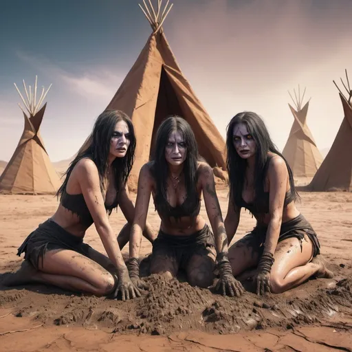 Prompt: Three witches mud wrestling in the desert, teepees in the background, dusty and rugged, high quality, vibrant and surreal, mystical and eerie vibe, desert color palette, dramatic and intense lighting, 3D rendering, detailed facial expressions, magical atmosphere