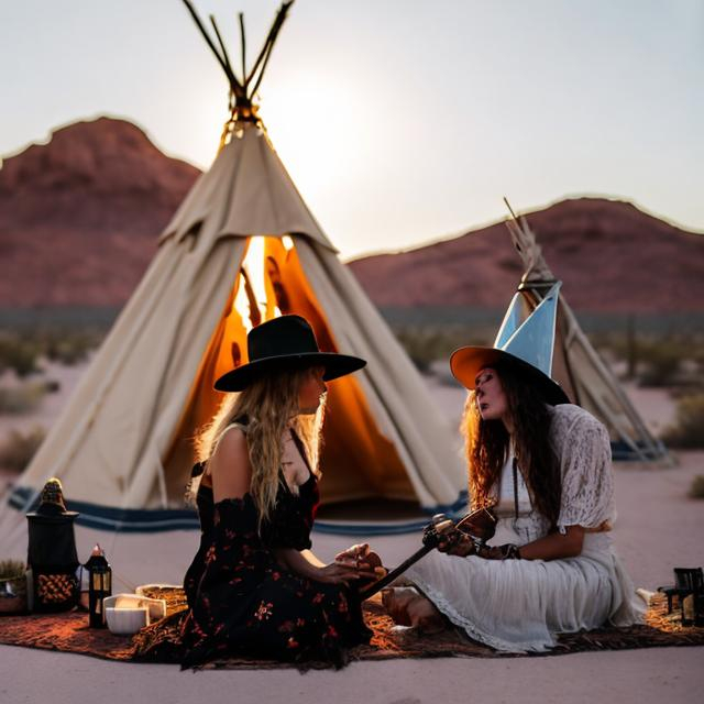 Prompt: Witches in front of a teepee in the desert playing guitar