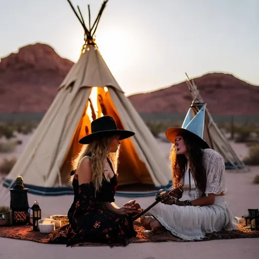 Prompt: Witches in front of a teepee in the desert playing guitar