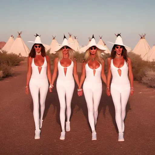 Prompt: Three witches in the desert in front of teepees wearing very tight white spandex pants