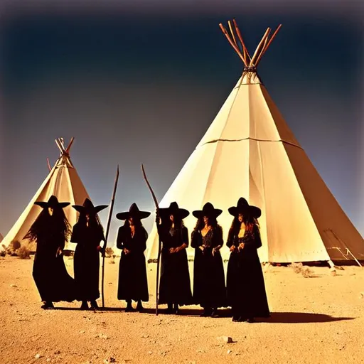 Prompt: Three witches in the desert in front of Teepee holding pickaxes