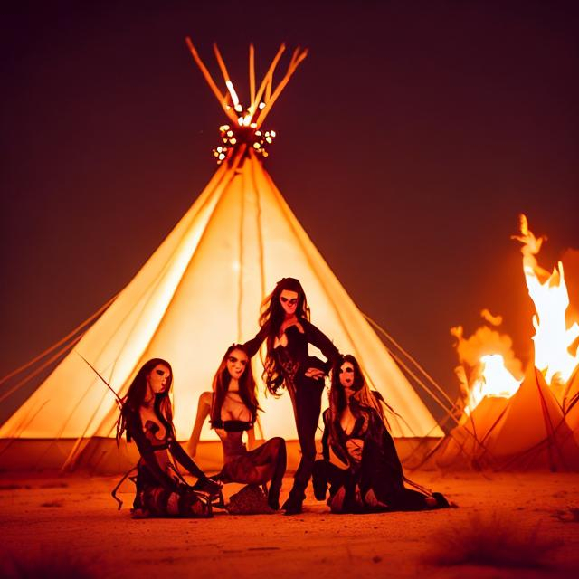 Prompt: Vampire women in the desert in front of a teepee dancing around a fire