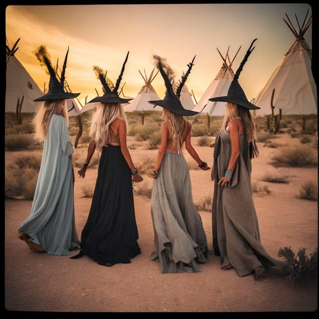 Prompt: Three witches in the desert in front of teepees climbing on a dragon