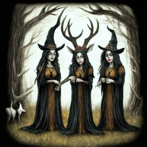 Prompt: Dark witches standing in front of a TP getting a deer