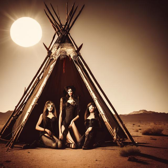Prompt: Vampire witches in the desert in front of a Teepee