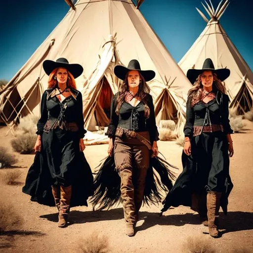 Prompt: Three witches in the desert in front of teepees, dressed as old western style gunslingers