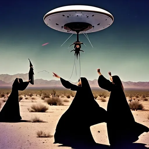 Prompt: Witches in the desert, flying around a UFO trying to capture it