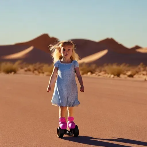 Prompt: Little girl in the desert on rollerskates