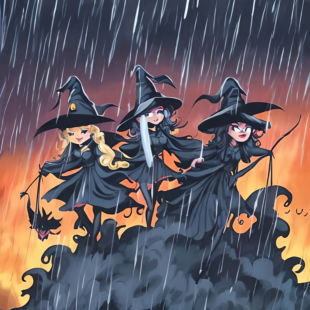 Prompt: Sadistic witches flying in a rainstorm not cartoonish