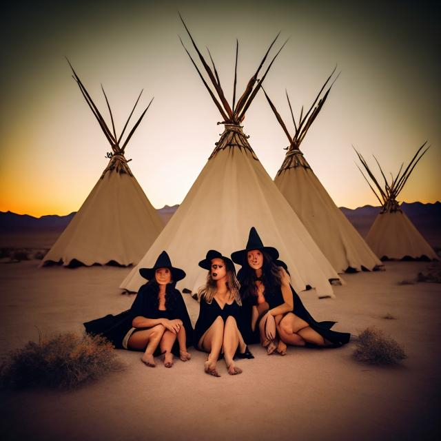 Prompt: Three witches in the desert in front of teepees at night, laying around a fire