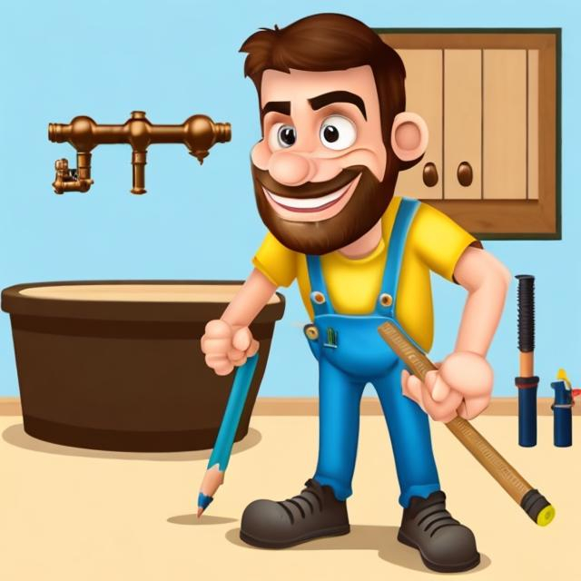 Prompt: Cartoon a Carpenter, with a pencil in his ear trying to do plumbing work