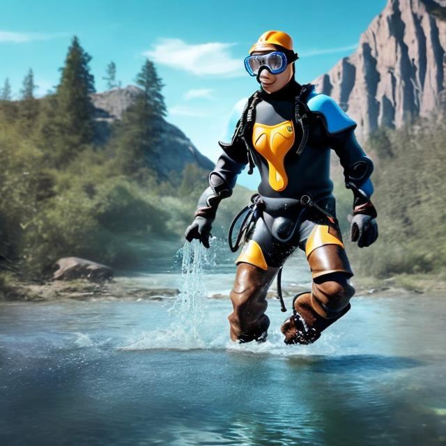 Prompt: Cowboy crossing a river on a horse frayed of water, wearing a scuba suit with flippers