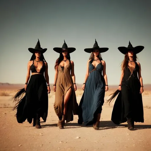 Prompt: Three witches in the desert in front of teepees riding AK-47s