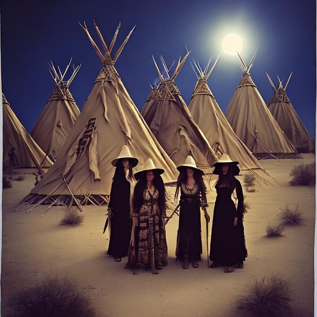 Prompt: Witches standing in front of teepees in the desert, stirring a big pot, evil looking witches