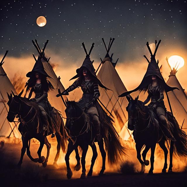 Prompt: Witches riding off to battle in the desert at night in front of  teepees