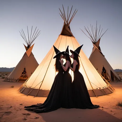 Prompt: Three witches in the desert in front of teepees passionately, kissing