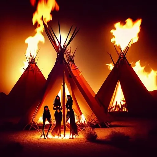 Prompt: Vampire women in the desert in front of a teepee dancing around a fire