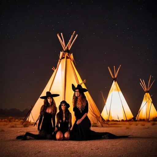 Prompt: Witches in the desert in front of a Teepee turning into a werewolf