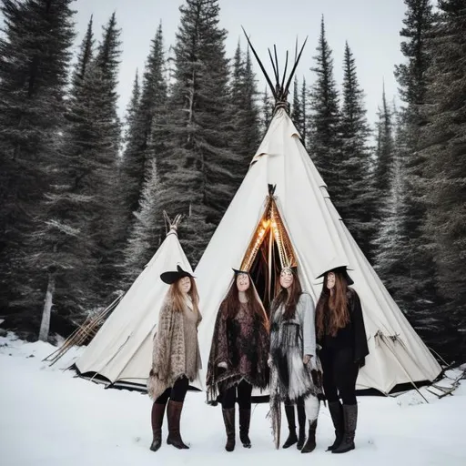 Prompt: Witches standing in front of the Teepee on top of a mountain in the snow