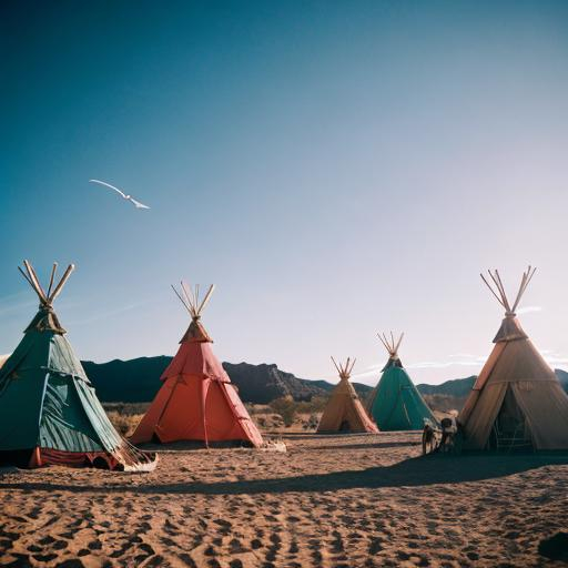 Prompt: witches on broomsticks flying to desert camp, teepees, high quality, magical realism, warm tones, atmospheric lighting