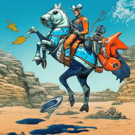 Prompt: Cartoon a cowboy on a horse, wearing a scuba suit what does flipper sticking through the stirrups?