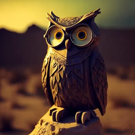 Prompt: One old  owl in the desert in the dark, wearing glasses in front of a Treeper