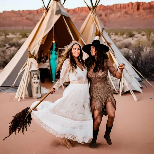 Prompt: Witches in the desert, in front of their teepees, jumping on the broom, sticks and flying off