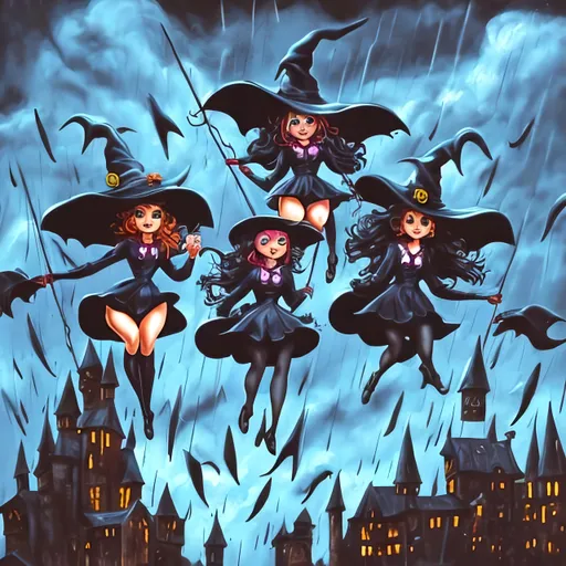 Prompt: Sadistic witches flying in a rainstorm not cartoonish