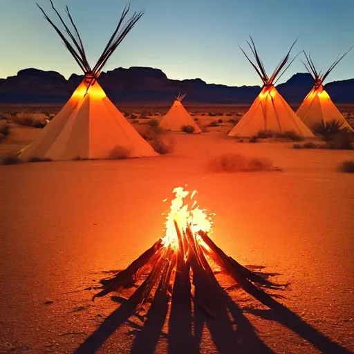 Prompt: Which is dancing around the fire in the desert in front of teepees at night time