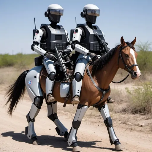 Prompt: Artificial, intelligent robots at the southern border in Texas on horseback with machine guns