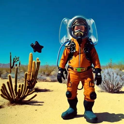 Prompt: Cartoon, cowboy in the desert, wearing a scuba suit with flippers  on