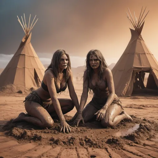 Prompt: Three witches mud wrestling in the desert, teepees in the background, dusty and rugged, high quality, vibrant and surreal, mystical and eerie vibe, desert color palette, dramatic and intense lighting, 3D rendering, detailed facial expressions, magical atmosphere