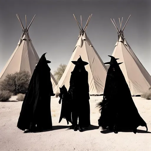 Prompt: Three witches in the desert, trying to get a black cat out of the Teepee