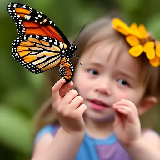 Prompt: A little girl, holding a caterpillar in her hand, and it turns into a monarch butterfly
