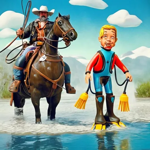 Prompt: Cartoon of an old western looking cowboy, crossing a river with his horse, he sprayed water, so he’s wearing a scuba suit with the flippers sticking out of his stirrups