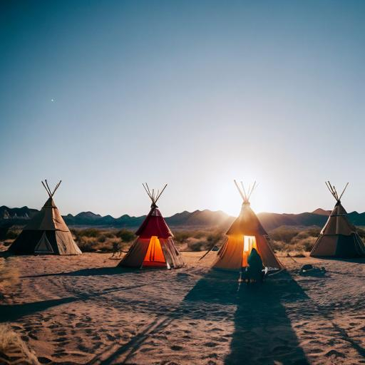 Prompt: Witches on broomsticks flying to desert camp, teepees, high quality, magical realism, warm tones, atmospheric lighting, magical, detailed desert landscape, intricate teepees, mystical, enchanting, professional, warm lighting, mystical sky, hauntingly beautiful