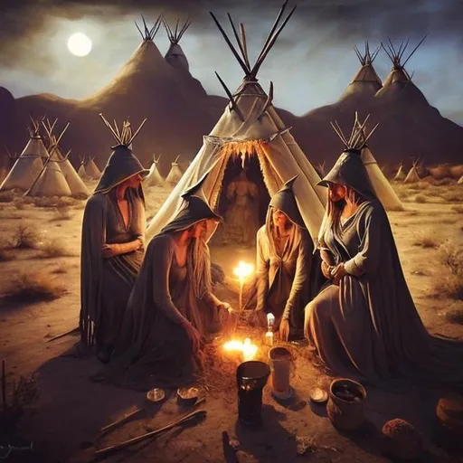 Prompt: Three witches operating on a patient in the desert, teepees in the background, detailed facial features, mystical and eerie, oil painting, dusty earth tones, intense and mystical lighting, high quality, detailed facial features, eerie atmosphere, desert setting, teepees, witchcraft, mystical, detailed figures, professional, atmospheric lighting