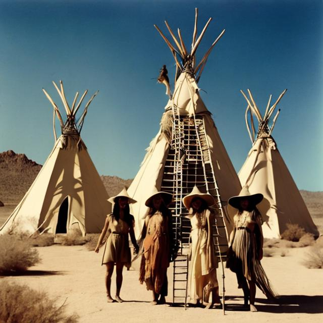 Prompt: Three witches in the desert in front of teepees with a ladder, trying to climb on top of the large dragon