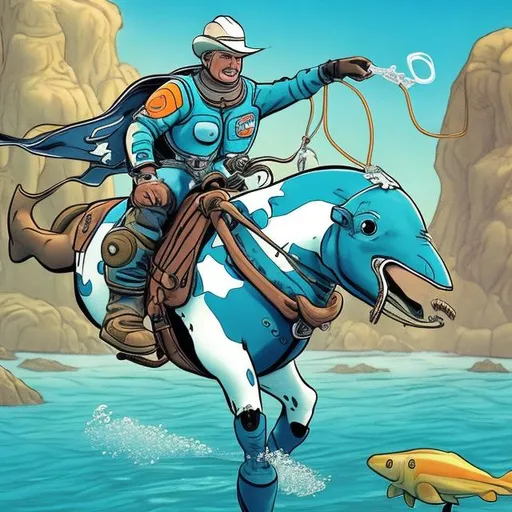 Prompt: Cartoon a cowboy on a horse, wearing a scuba suit what does flipper sticking through the stirrups?