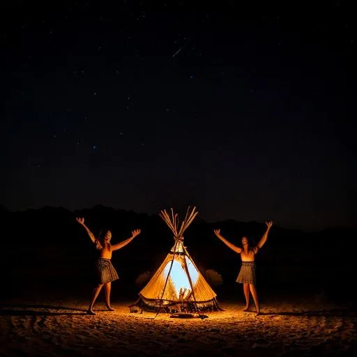 Prompt: Witches dancing around a fire at night in front of a Teepee in the desert