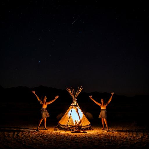 Prompt: Witches dancing around a fire at night in front of a Teepee in the desert