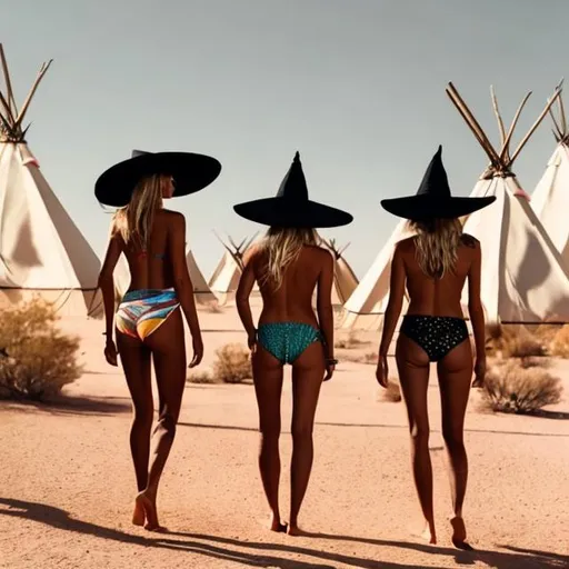 Prompt: Three witches in the desert in front of teepees back, facing wearing bikinis