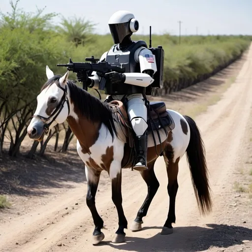 Prompt: Artificial, intelligent robots at the southern border in Texas on horseback with machine guns