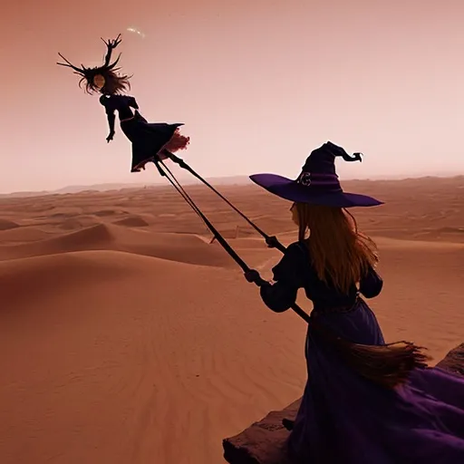 Prompt: Witches on broomsticks flying to desert camp, teepees, magical realism, atmospheric lighting, warm tones, high quality