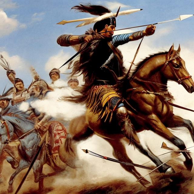 Prompt: Comanche warrior shooting an arrow on horseback at full speed