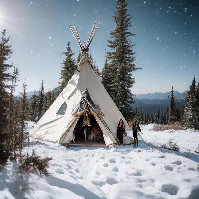 Prompt: Witches standing in front of the Teepee on top of a mountain in the snow