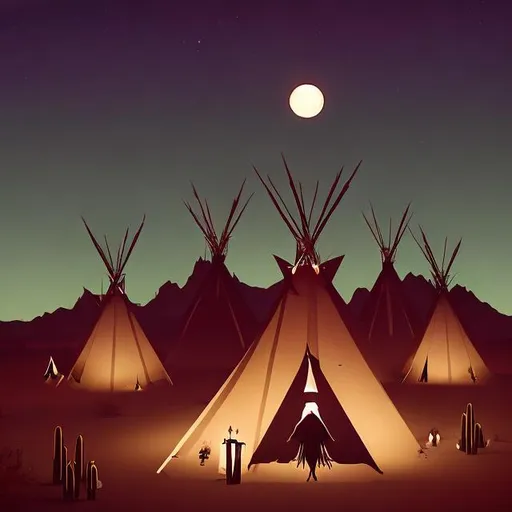 Prompt: Vampire witches in the desert in front of their Teepee rising out of their coffins