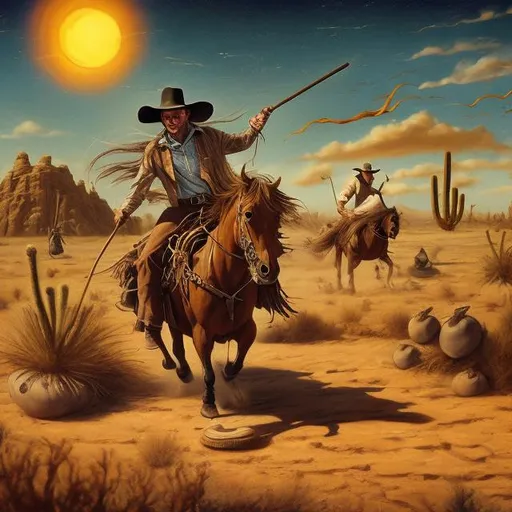 Prompt: Cowboy in the desert, being chased by witches on on the brooms