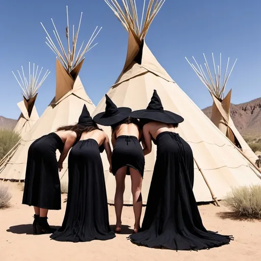 Prompt: Three witches in the desert in front of teepees rubbing each other’s asses